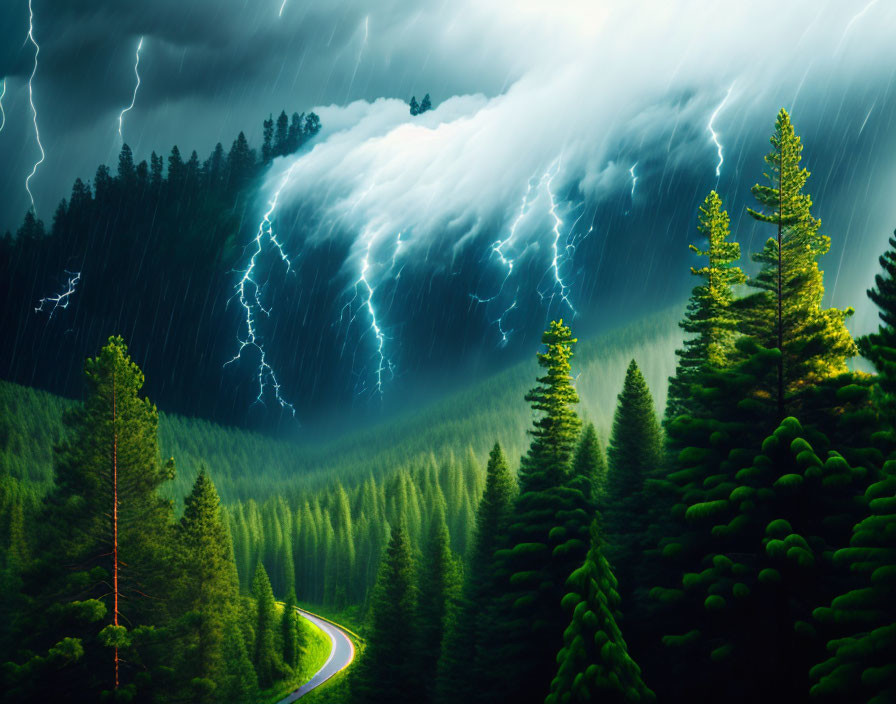 Intense lightning storm over dense forest and winding road