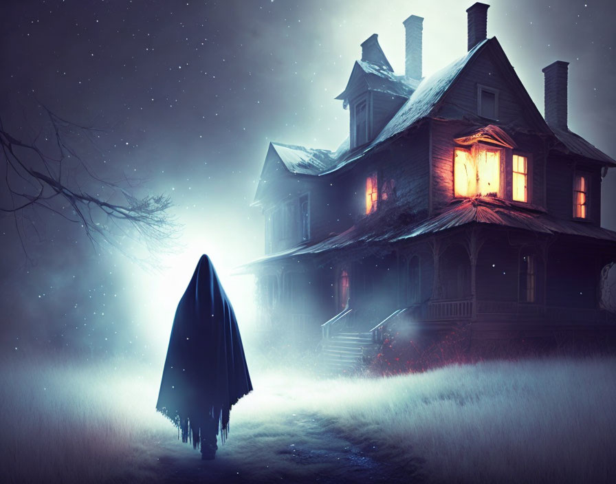 Cloaked Figure in Front of Illuminated Victorian House at Night