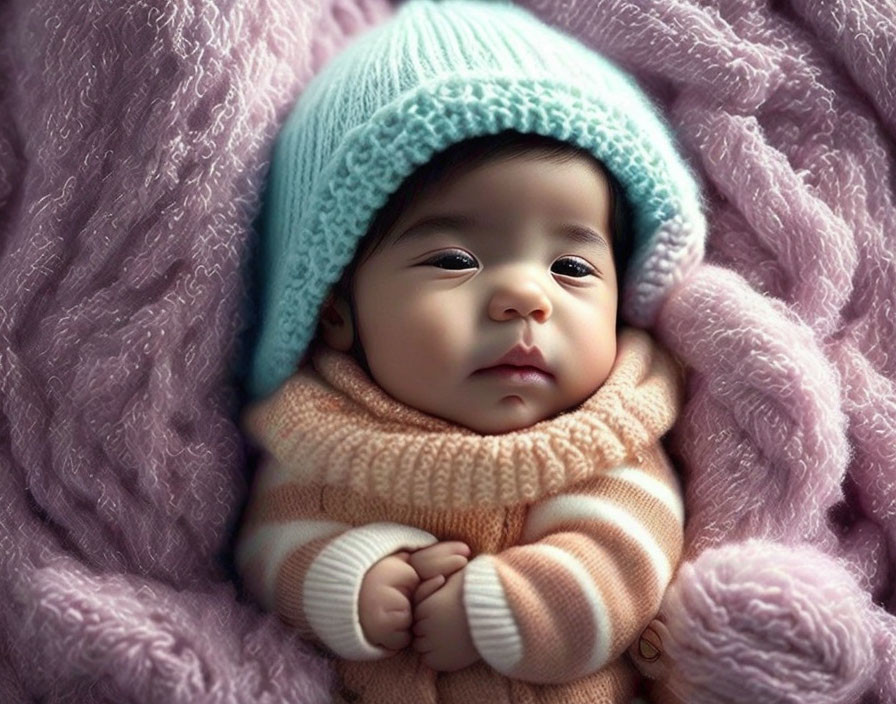 Cute Baby in Pink Blanket with Striped Sweater and Blue Hat