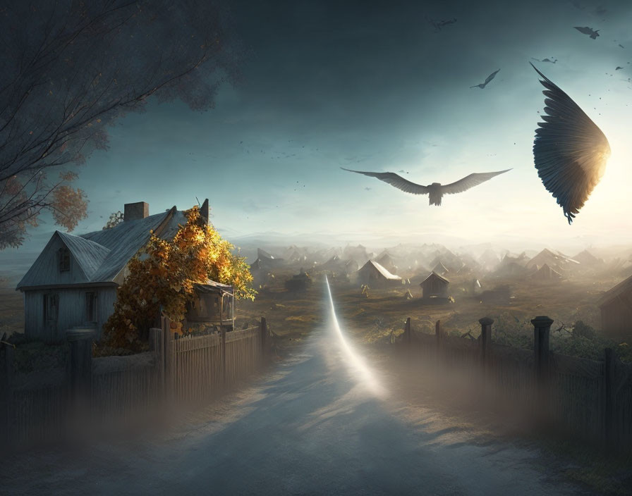 Tranquil village scene with winged creature and autumn leaves