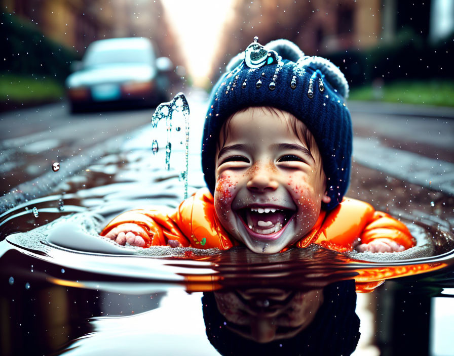 Child in orange raincoat splashes in puddle with frozen water droplets and blurred car.
