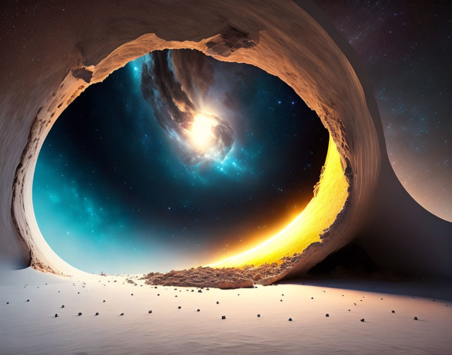 Surreal landscape with cave opening framing vibrant galaxy
