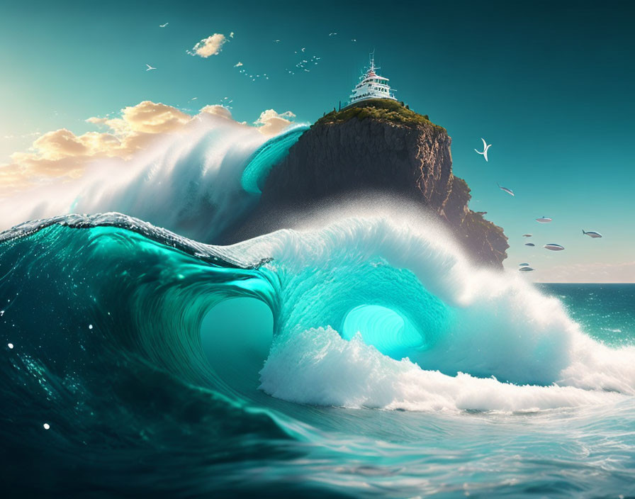 Surreal image: Enormous wave around rocky island with lighthouse under clear blue sky