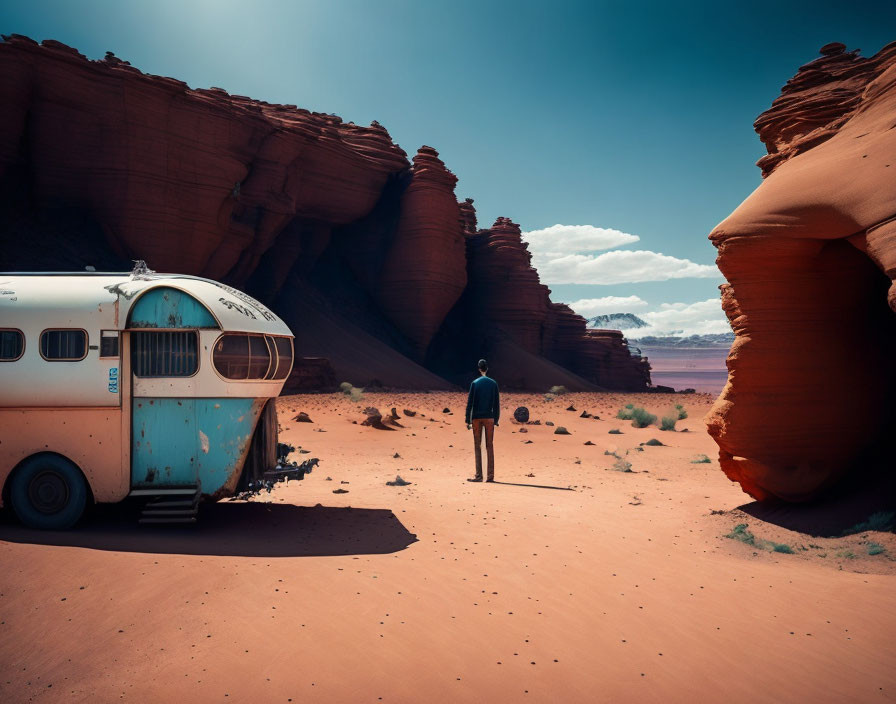 Person by Abandoned Bus in Desert with Red Sandstone Formations