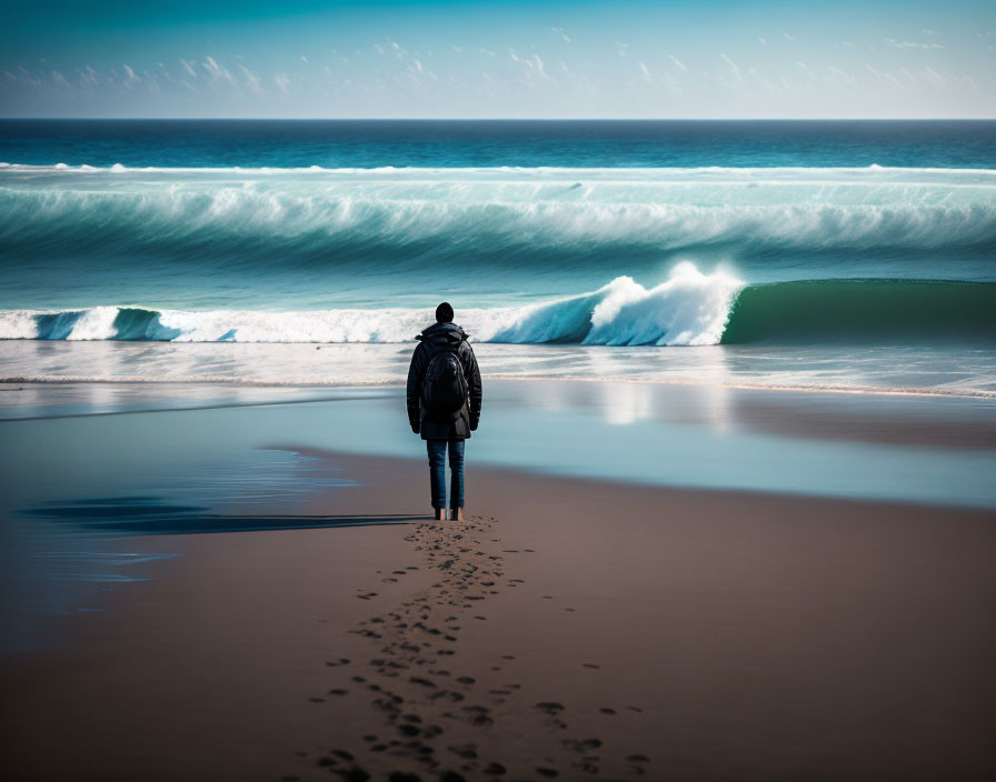 Person with backpack on wet sandy beach watching ocean waves
