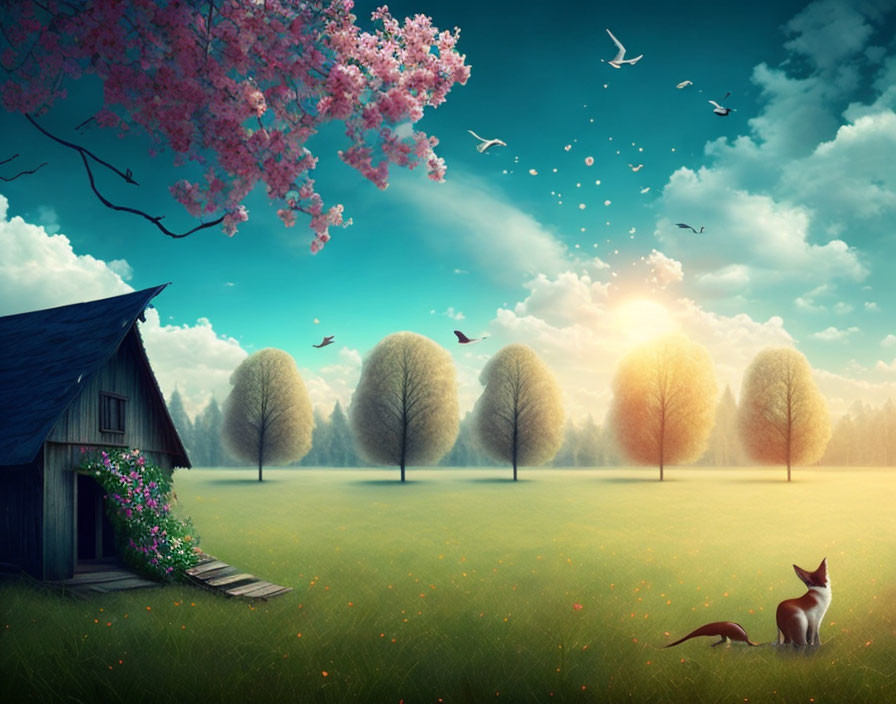 Tranquil landscape with cat, wooden shack, flowering trees, birds, and sunlit clearing