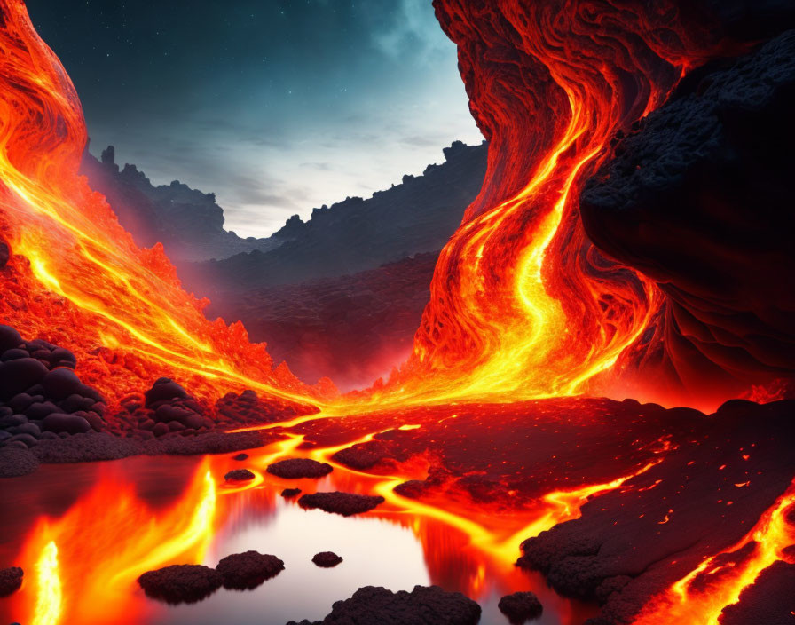 Surreal volcanic landscape with flowing lava under twilight sky