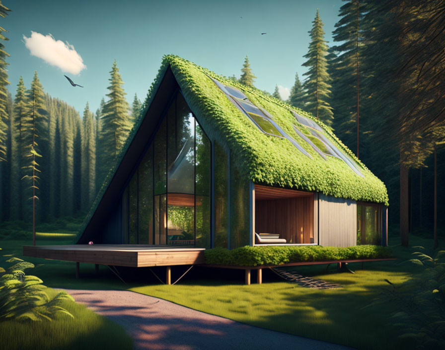 Modern A-Frame House with Green Living Roof and Glass Walls