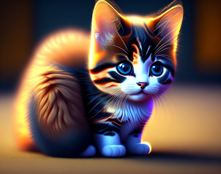 Colorful digital artwork: Orange and white kitten with expressive eyes on blurred blue background