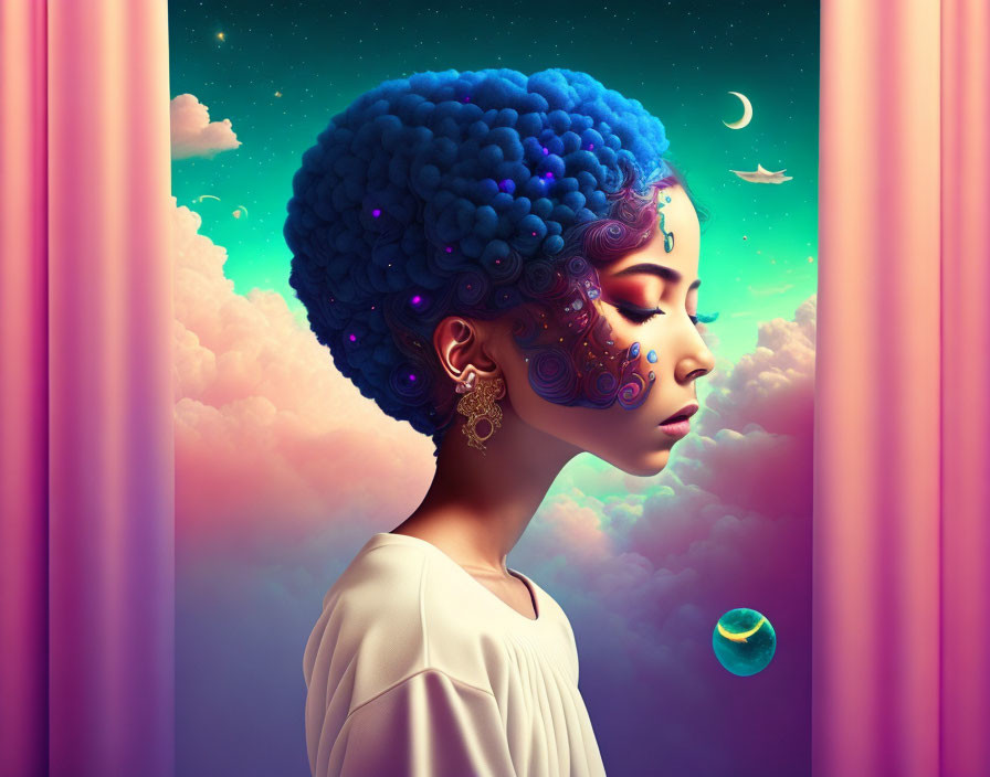 Surreal portrait of woman with blue cloud-like hair in cosmic dreamscape