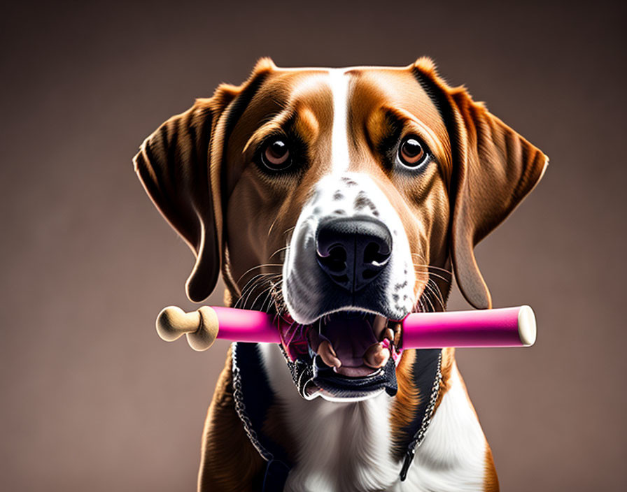 Brown and White Dog Holding Purple Tube with Bone on Gradient Brown Background