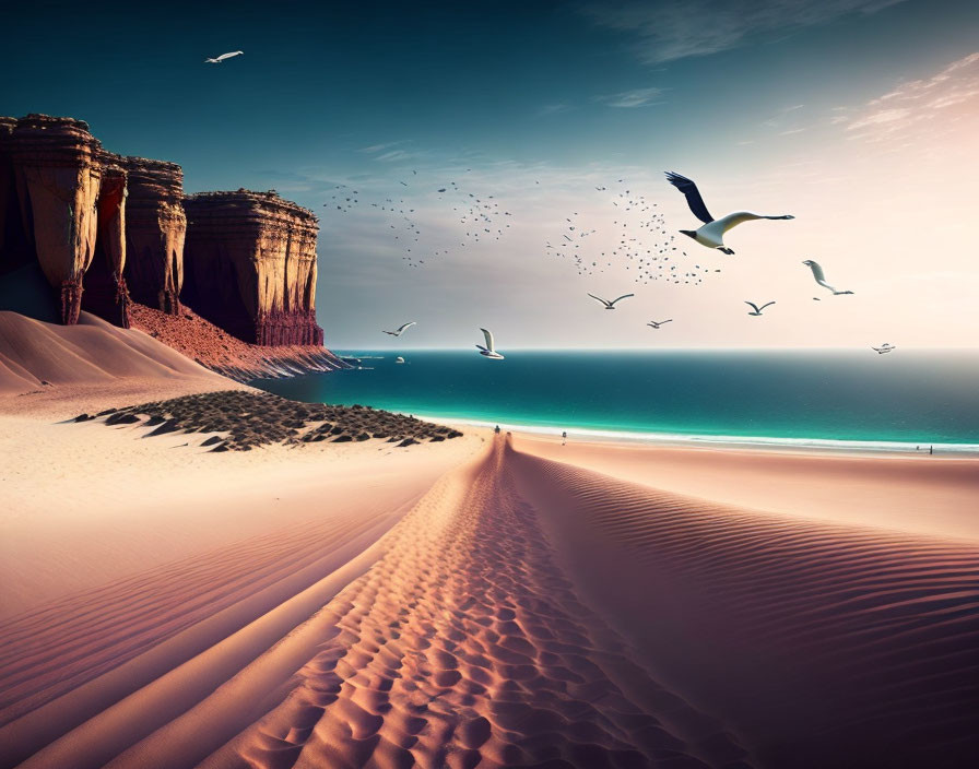 Tranquil beach with red cliffs, turquoise sea, sand dunes, and seagulls