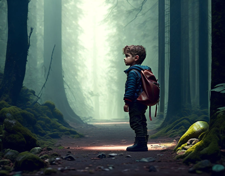 Child with backpack in misty forest surrounded by towering trees and green moss.