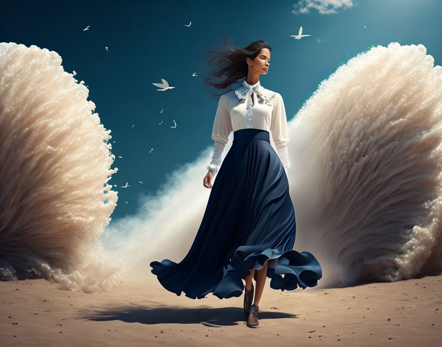 Woman walking between large waves on sandy beach with birds flying under cloudy sky