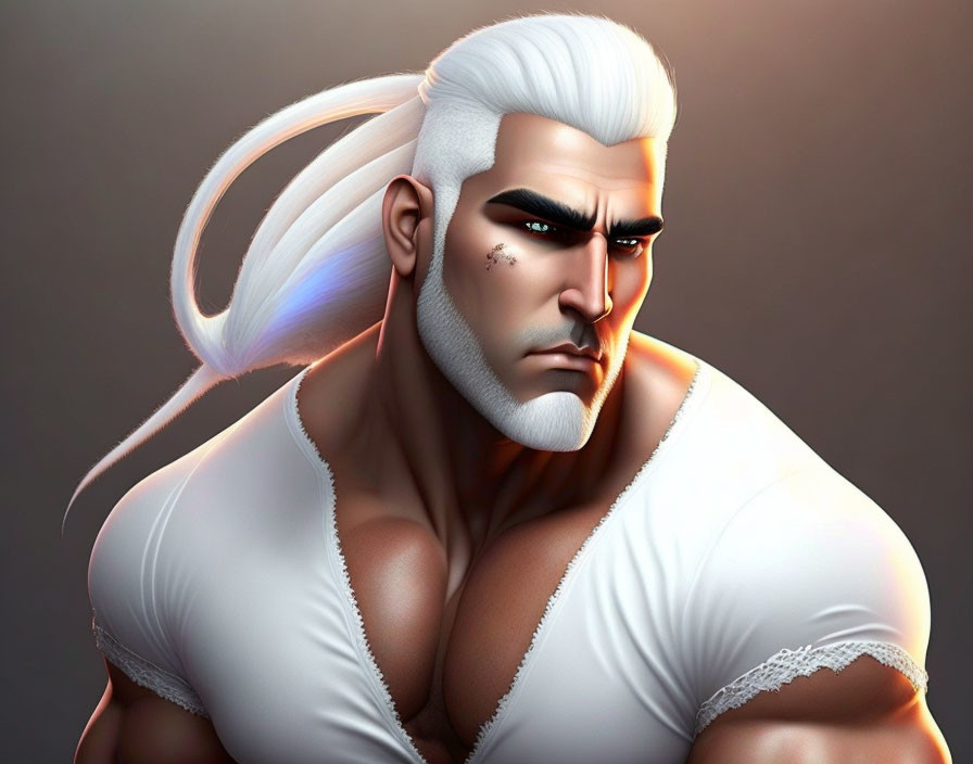 Muscular man with white hair in ponytail and stern expression