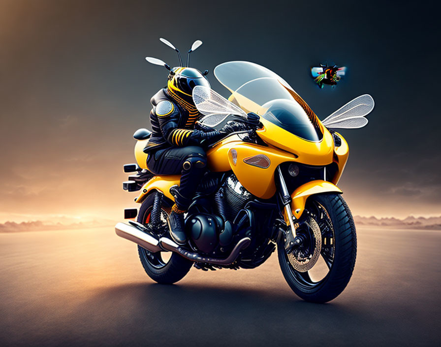 Stylized motorcycle and rider as bee with drone against dusk sky