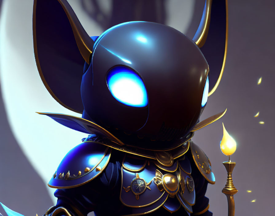Armored character with black helmet and glowing blue eyes holding torch