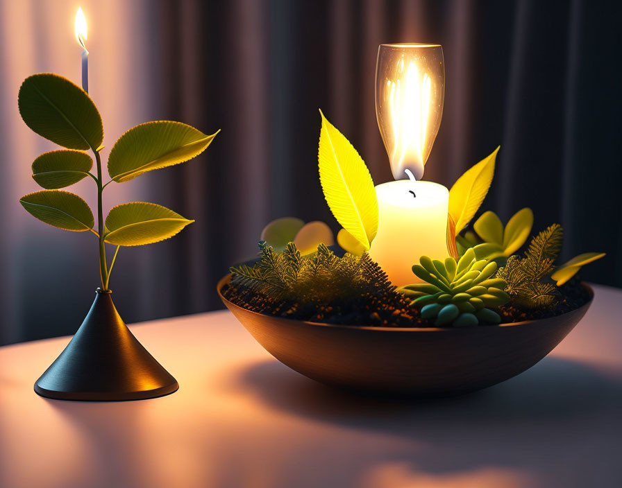 Warm glow of lit candle near green plants on table with lamp and curtains