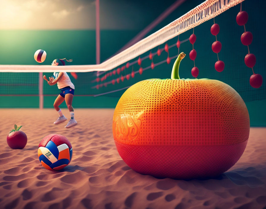 Person playing volleyball with fruit net and giant tomato ball on orange court