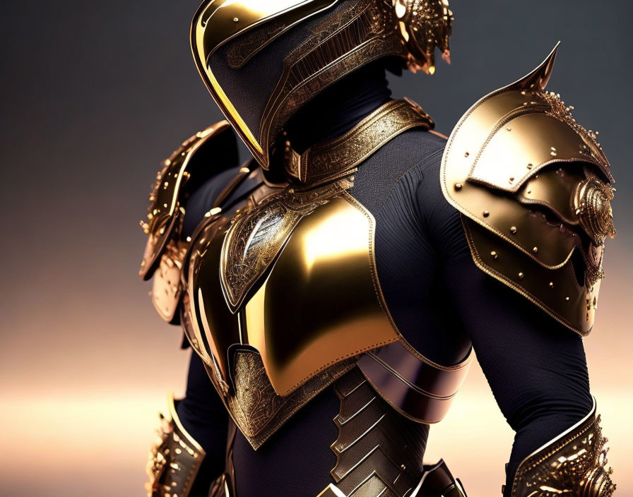 Medieval knight in ornate golden and black armor against blurred background