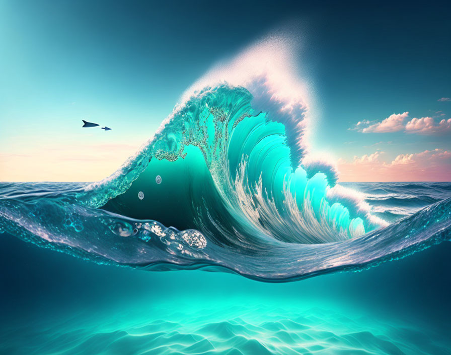 Vibrant digital art: Translucent ocean wave against sunset with birds.