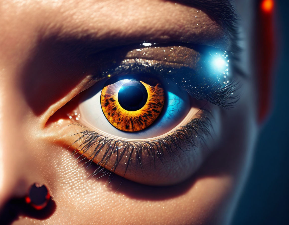 Detailed Close-Up of Human Eye with Orange Iris and Reflected Light