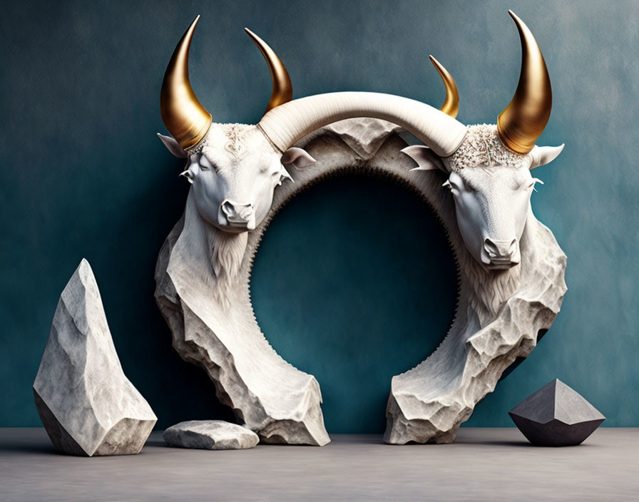 Symmetrical White Bull Sculptures with Golden Horns in Circle on Blue Background