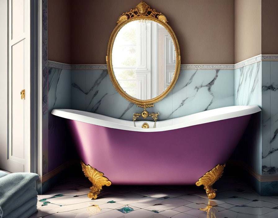Purple Claw-Foot Bathtub in Elegant Marble Bathroom