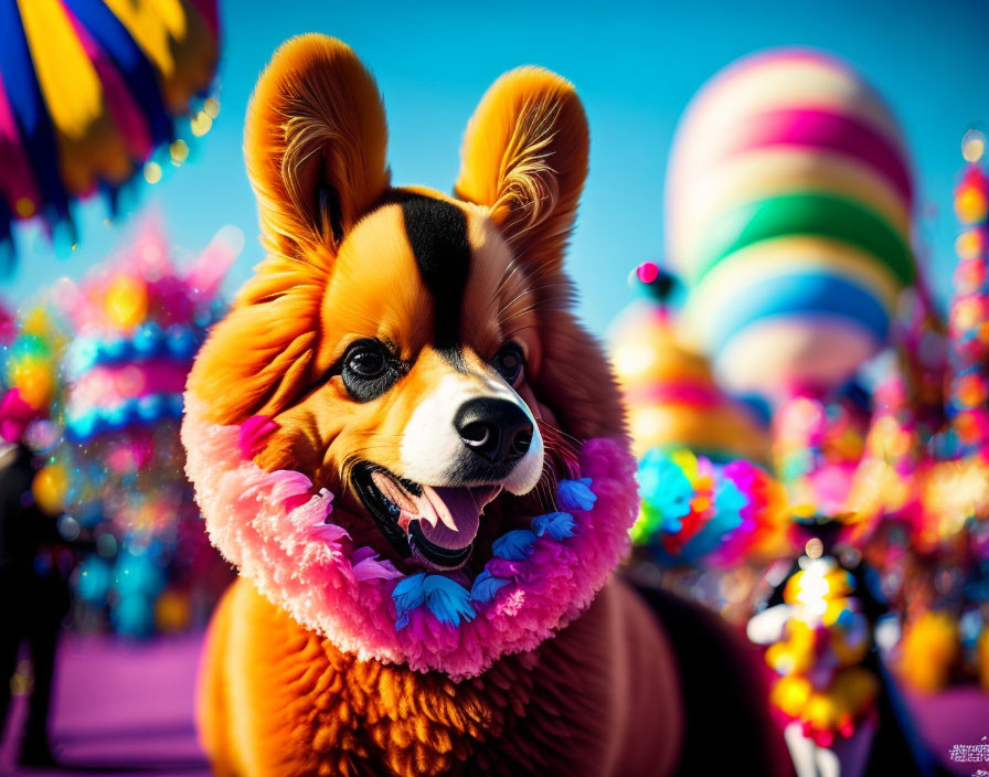 Colorful Portrait of Smiling Dog with Lei and Festive Background