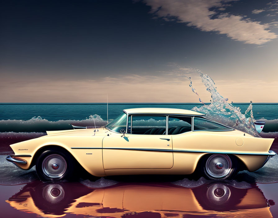 Vintage Yellow Car with Fins Parked by Shore at Dusk