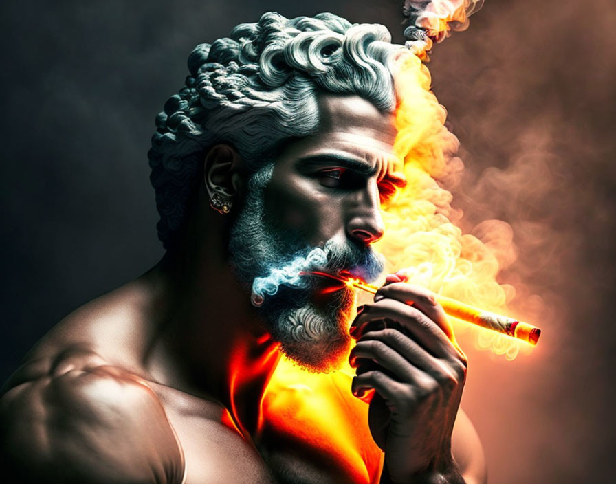 Sculpture-inspired image of muscular man with curly hair smoking cigar