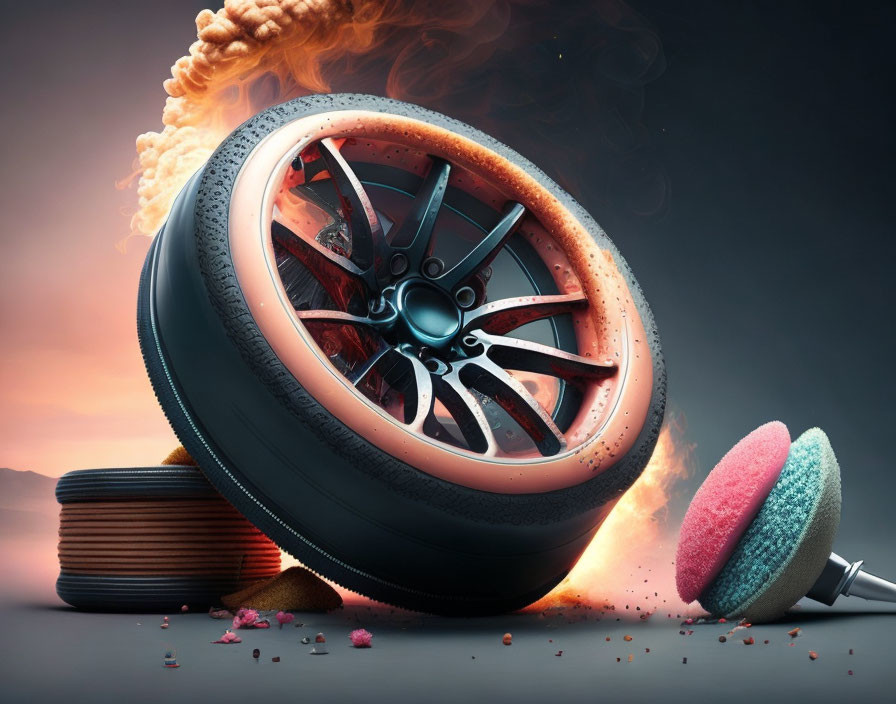 Burning tire and colorful sponge in high-speed scene
