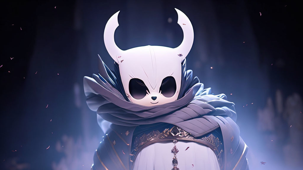 Stylized animated character with white mask, black eyes, pointed ears, blue cloak.