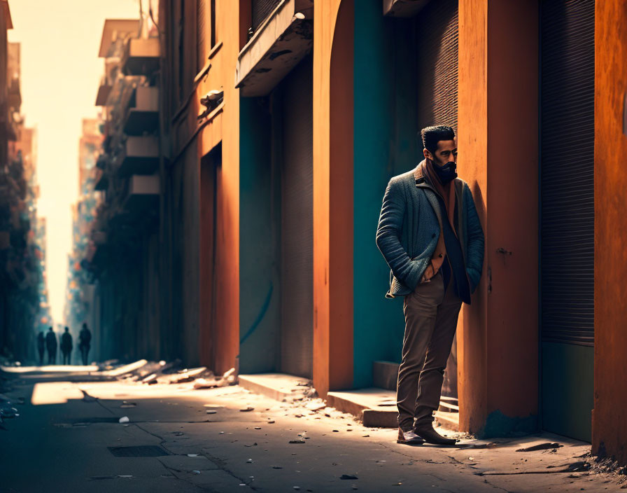 Man in Coat and Scarf Contemplating in Sunlit Alley
