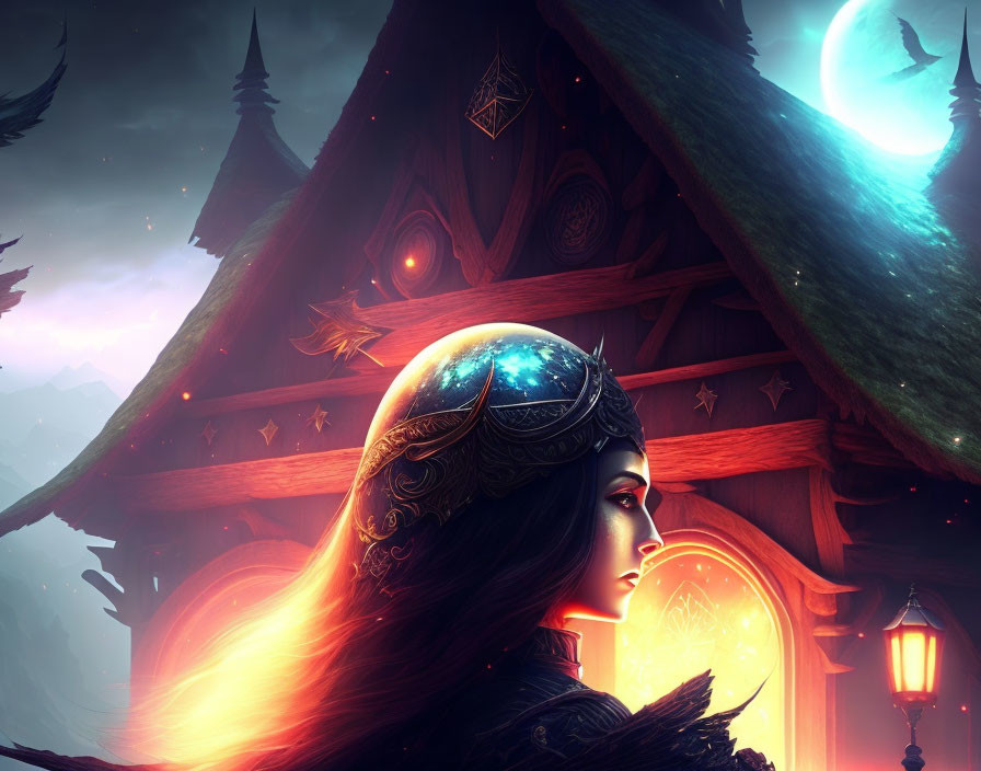 Fantasy illustration: Woman with glowing headdress at enchanted house under moonlit sky