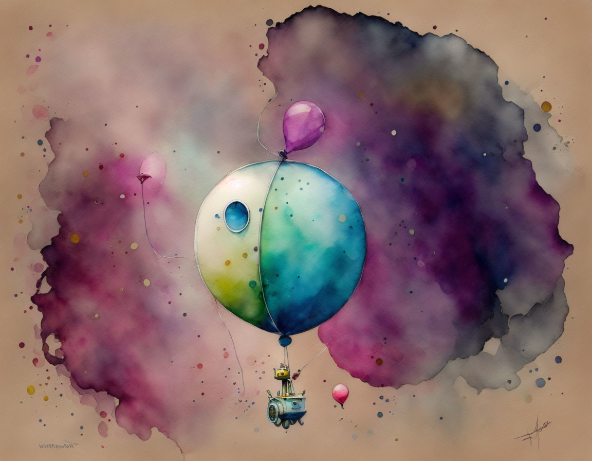Whimsical watercolor art: Tiny vehicle suspended by colorful balloons in cosmic ink splashes