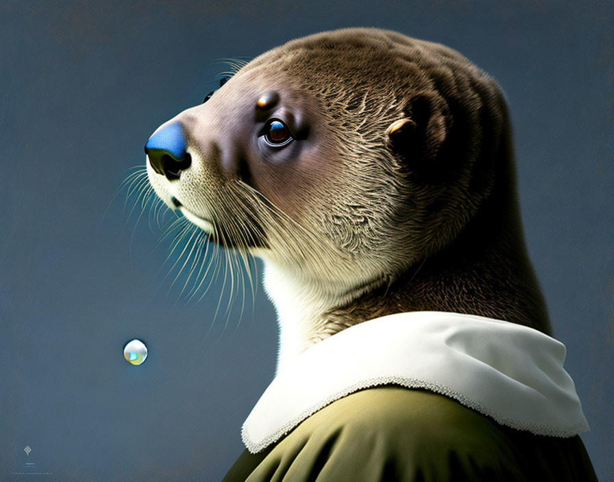 Sea otter in period attire gazes at water droplet