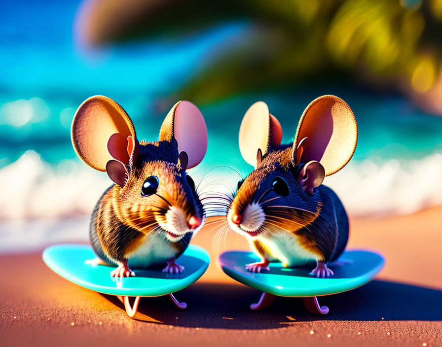 Miniature surfboards with animated mice on a vibrant beach