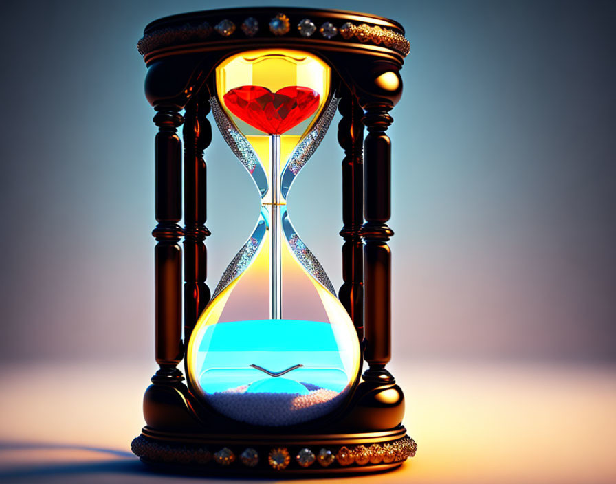 Heart-shaped hourglass with flowing sand on gradient backdrop
