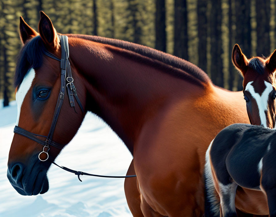 Two bridled horses in snowy forest clearing, one horse's head close-up with focus on eyes and