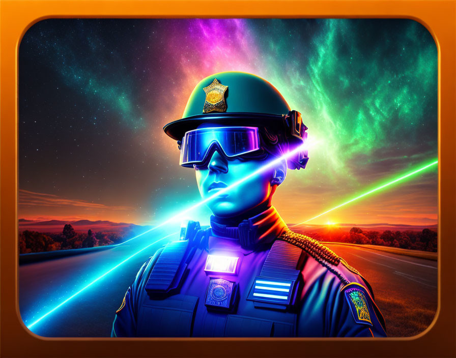 Futuristic police officer with glowing neon visor emitting laser beams under aurora sky