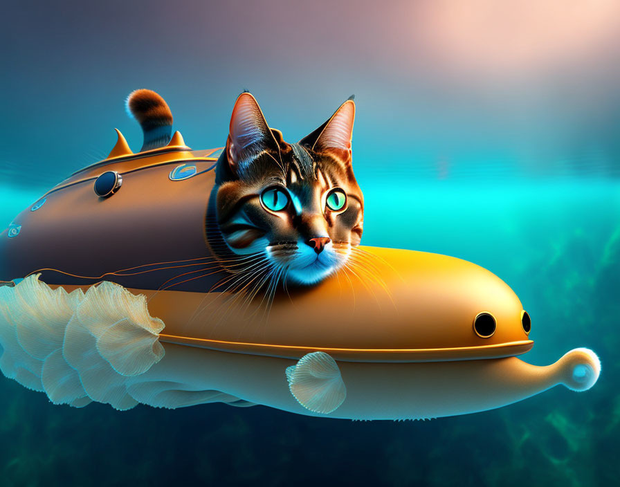 Cat's face merged with submarine in digital artwork underwater