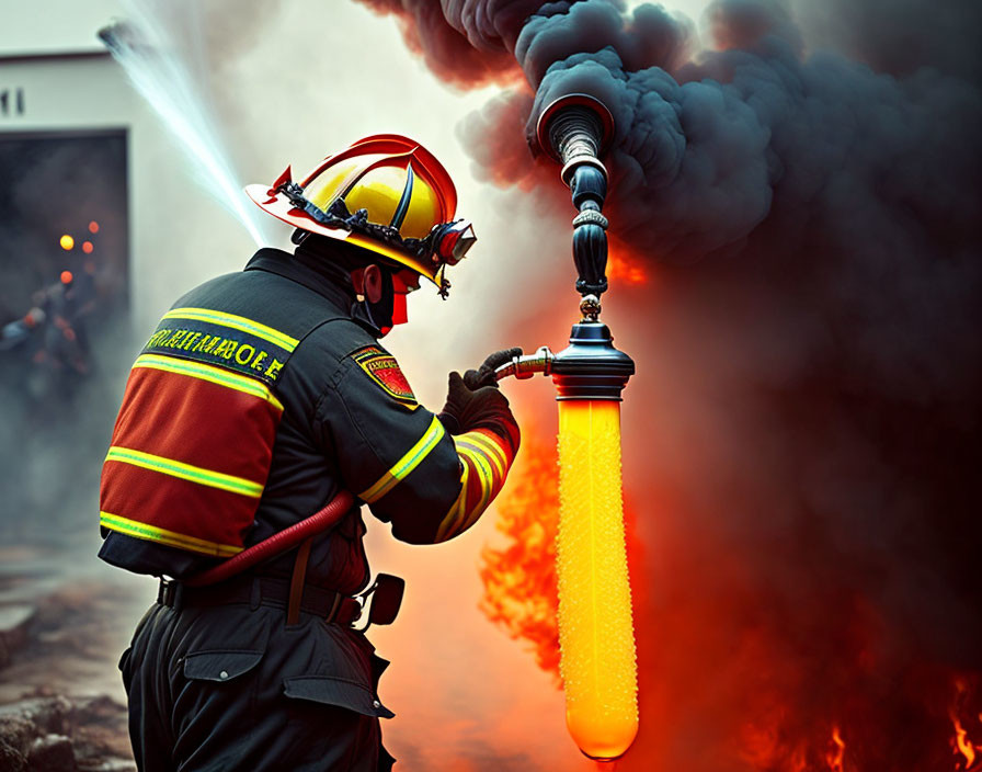 Firefighter in Full Gear Battles Raging Fire with Water Hose