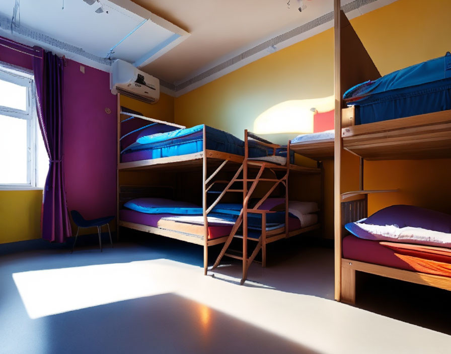 Vibrant Hostel Room with Wooden Bunk Beds & Colorful Decor