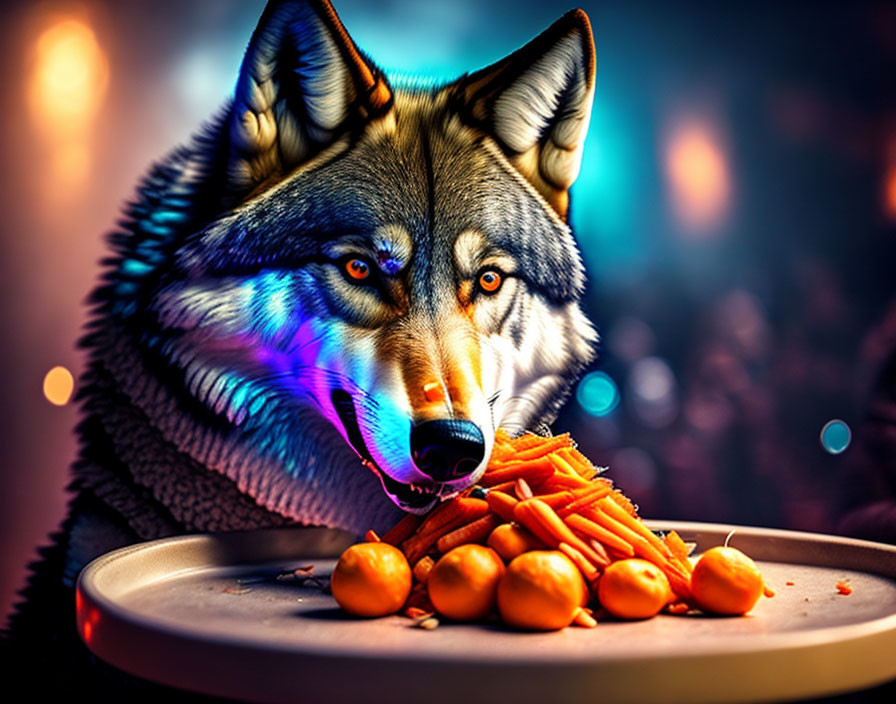 Digital artwork: Wolf head on human body at table with food