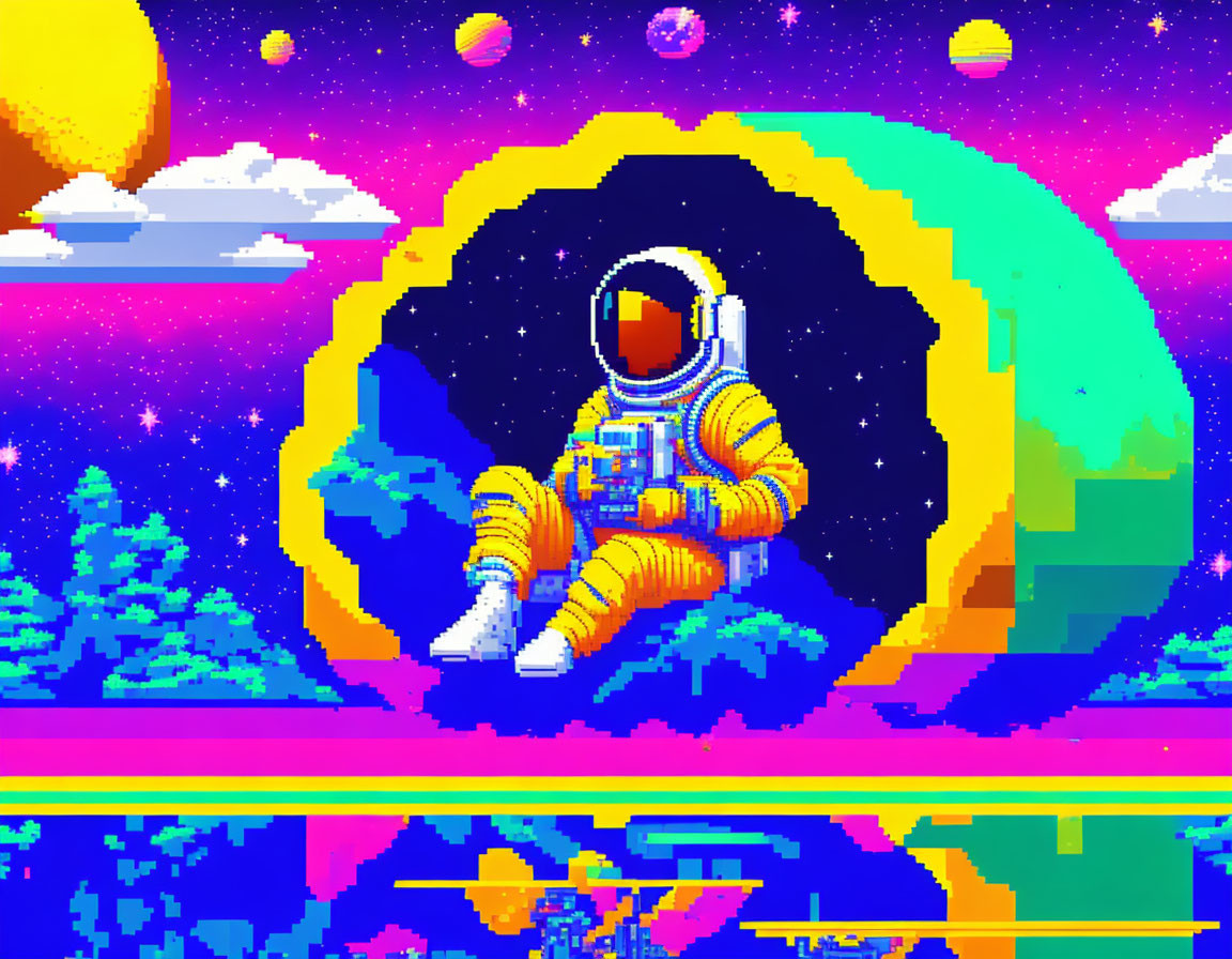 Astronaut relaxing in surreal pixelated landscape