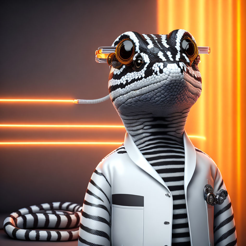 Anthropomorphic lizard in white suit and glasses on neon orange background