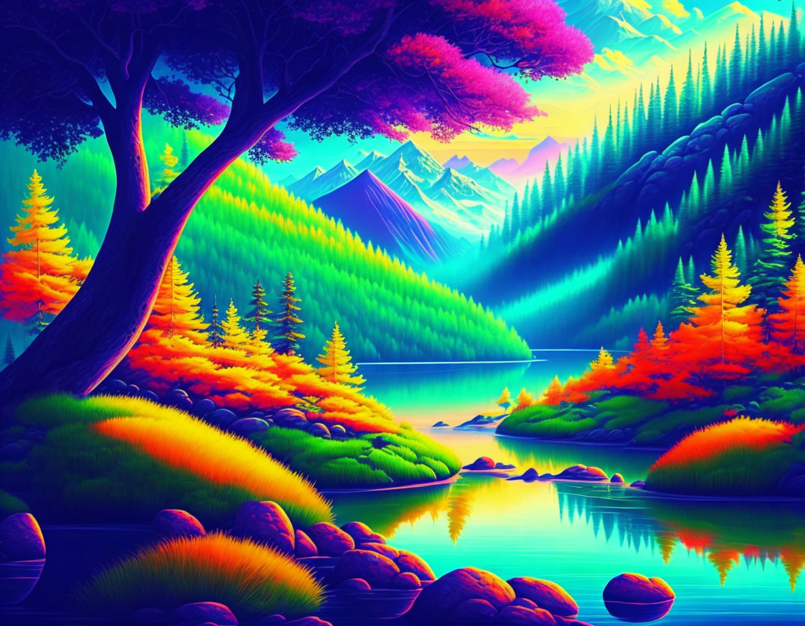 Colorful Landscape: Lake, Trees, Mountains, Blue Sky