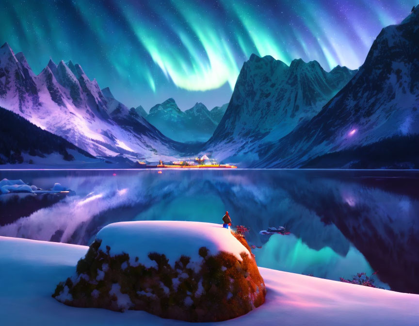 Person admiring aurora borealis over snowy hill and mountain lake village at twilight
