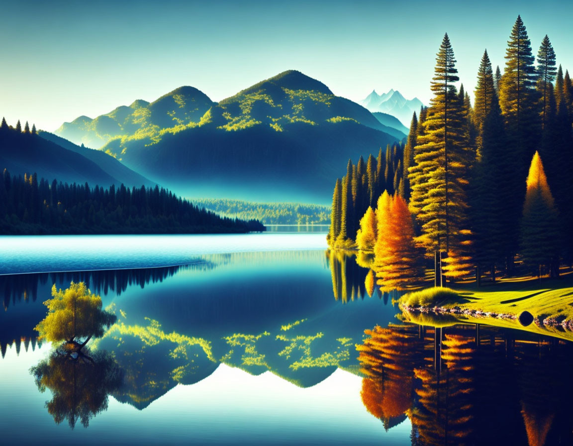 Tranquil lake with forest, coniferous and autumn trees, mountains, blue sky